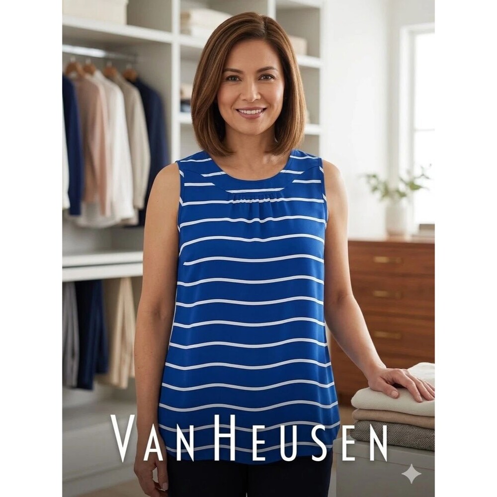 Van Heusen Women's Blue & White Striped Sleeveless Tank Top Blouse Size L